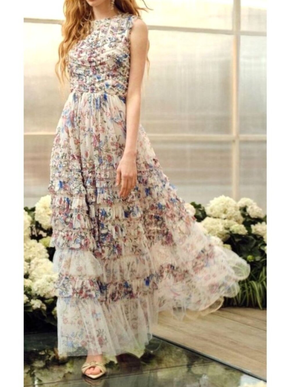 MOTF Women's Sz M Floral Tiered Maxi Dress With Ruffle Sleeveless Design Elegant
